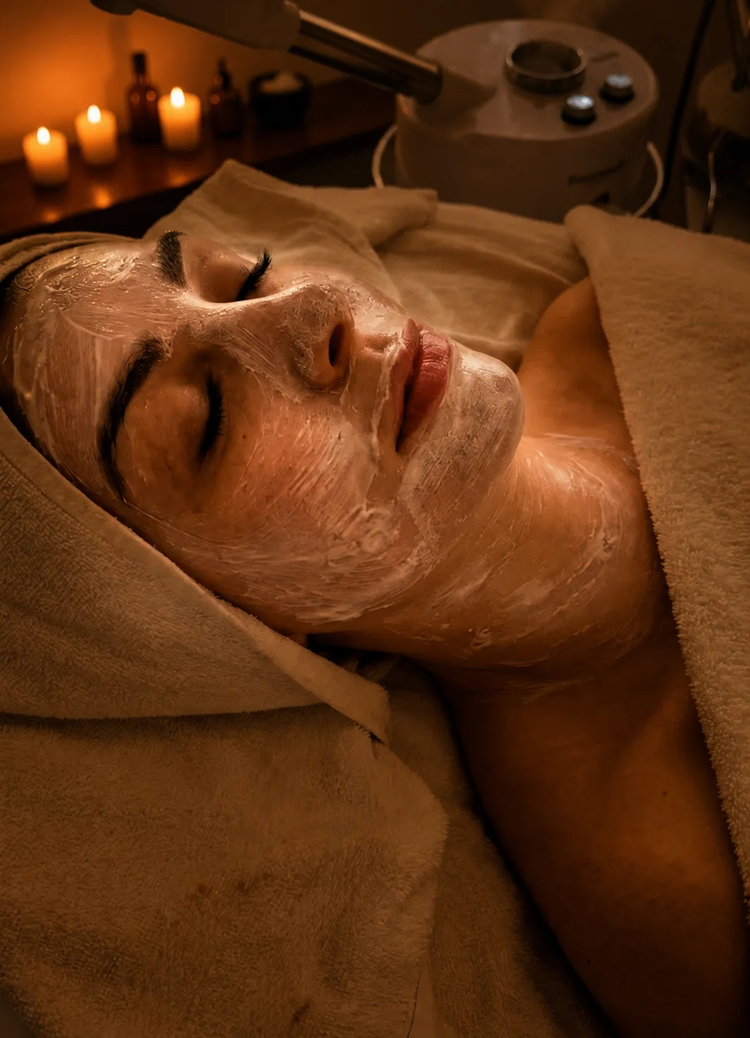 Client relaxing under a creamy facial mask by candlelight at Glow Skin Spa